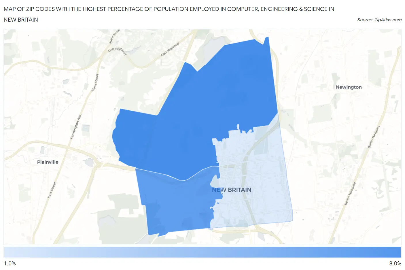 Zip Codes with the Highest Percentage of Population Employed in Computer, Engineering & Science in New Britain Map