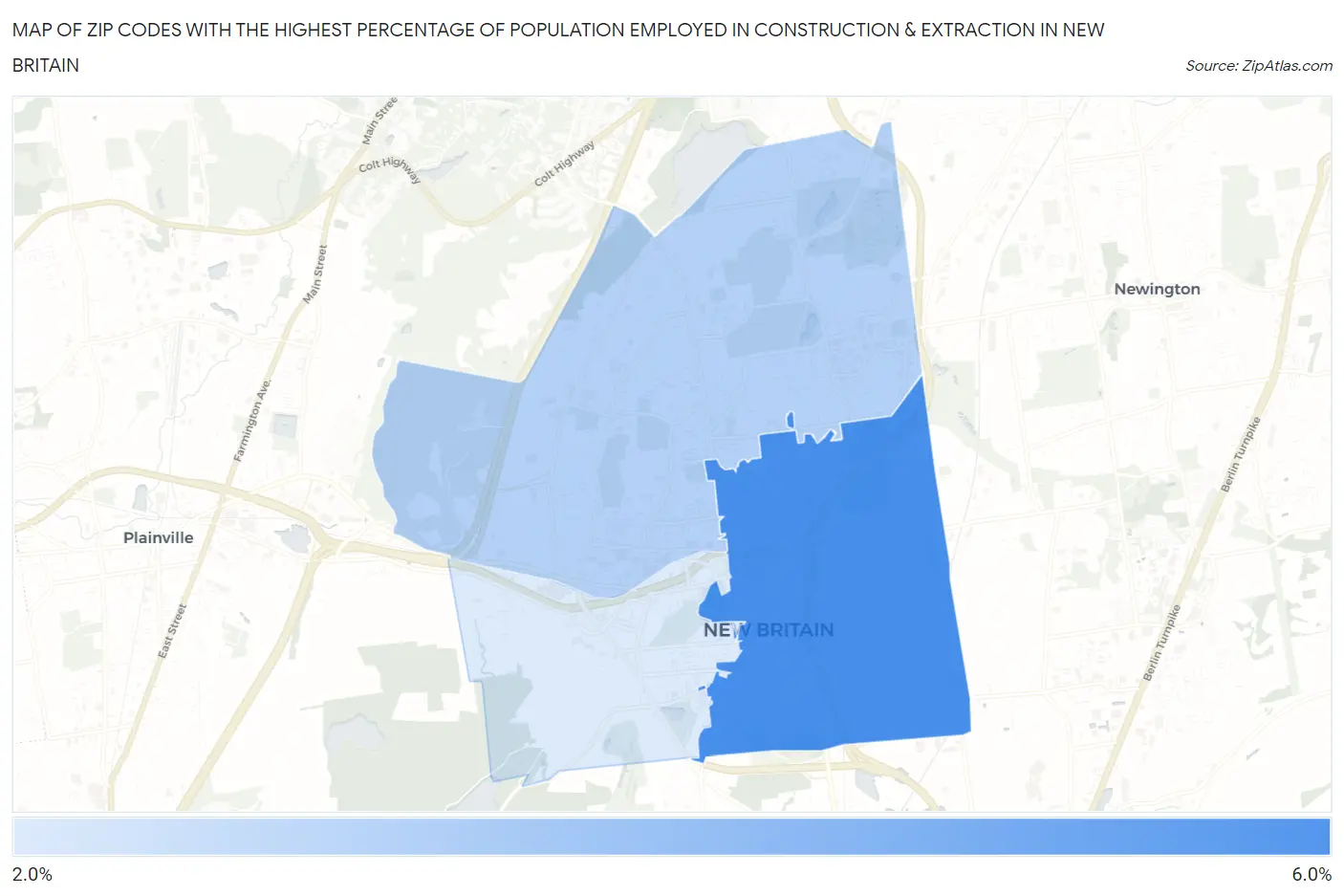 Zip Codes with the Highest Percentage of Population Employed in Construction & Extraction in New Britain Map