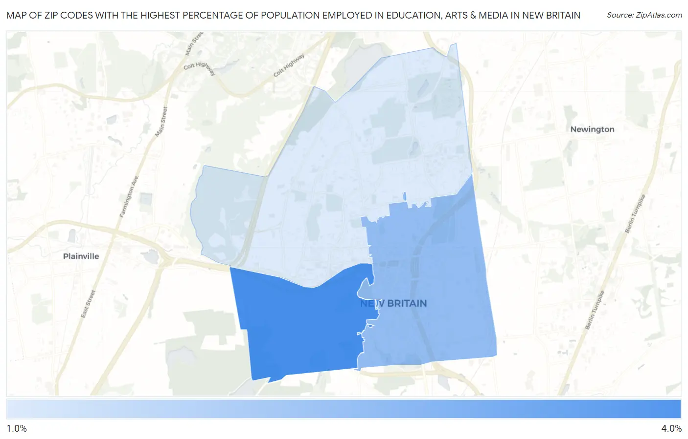Zip Codes with the Highest Percentage of Population Employed in Education, Arts & Media in New Britain Map