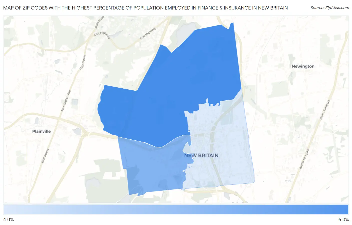 Zip Codes with the Highest Percentage of Population Employed in Finance & Insurance in New Britain Map