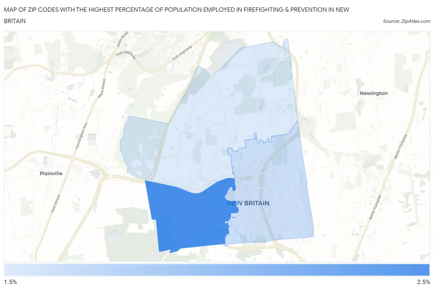 Zip Codes with the Highest Percentage of Population Employed in Firefighting & Prevention in New Britain Map