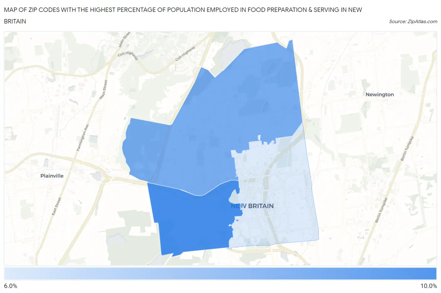 Zip Codes with the Highest Percentage of Population Employed in Food Preparation & Serving in New Britain Map