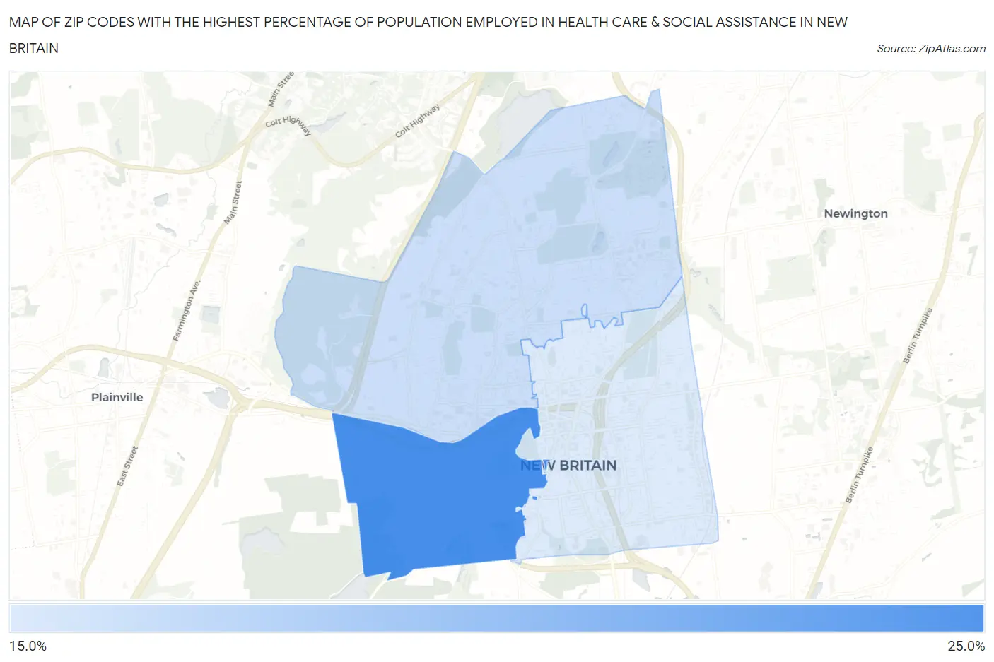 Zip Codes with the Highest Percentage of Population Employed in Health Care & Social Assistance in New Britain Map