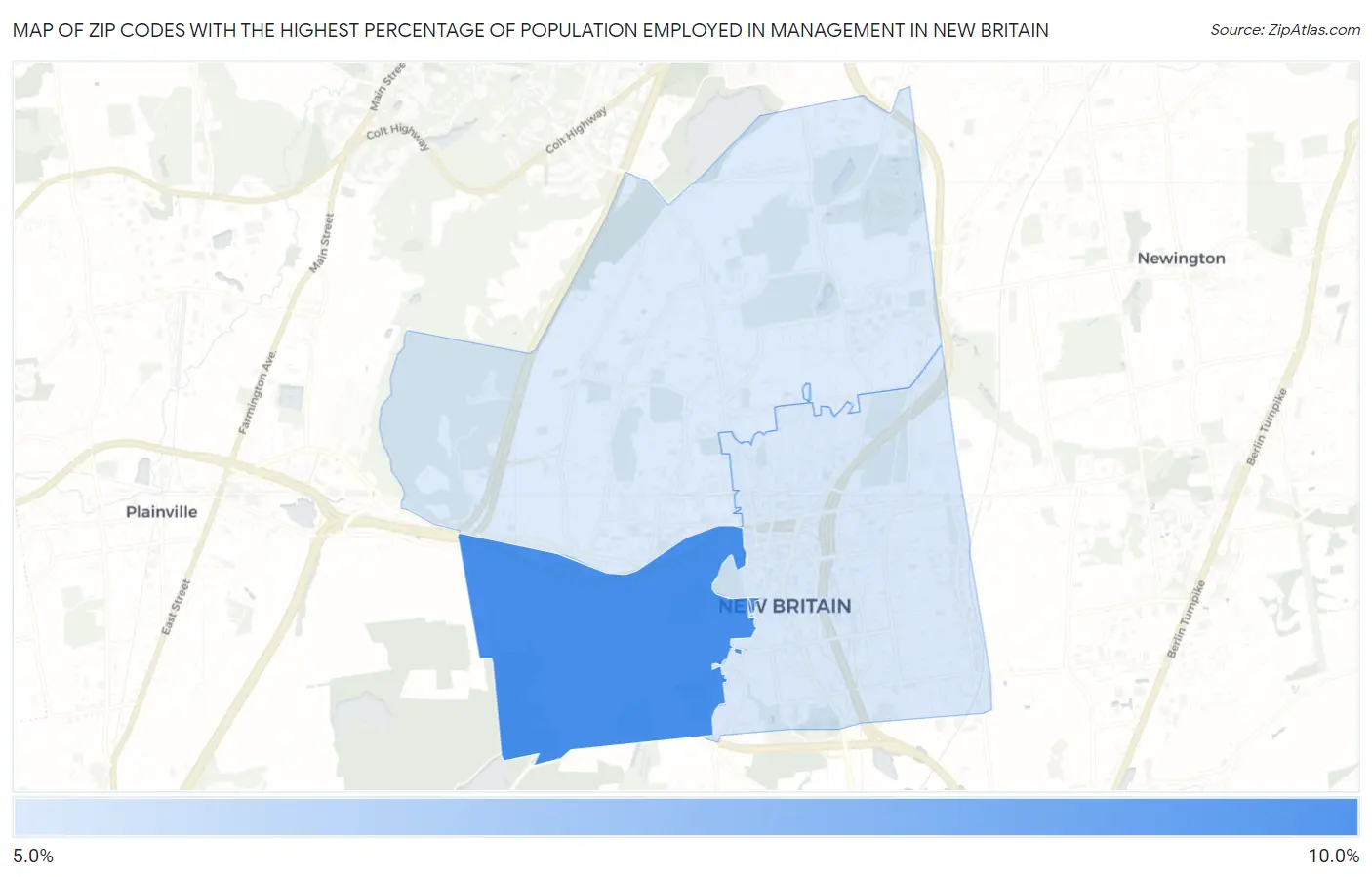 Zip Codes with the Highest Percentage of Population Employed in Management in New Britain Map