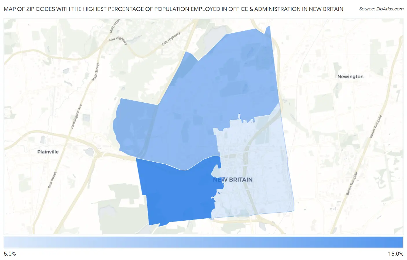 Zip Codes with the Highest Percentage of Population Employed in Office & Administration in New Britain Map
