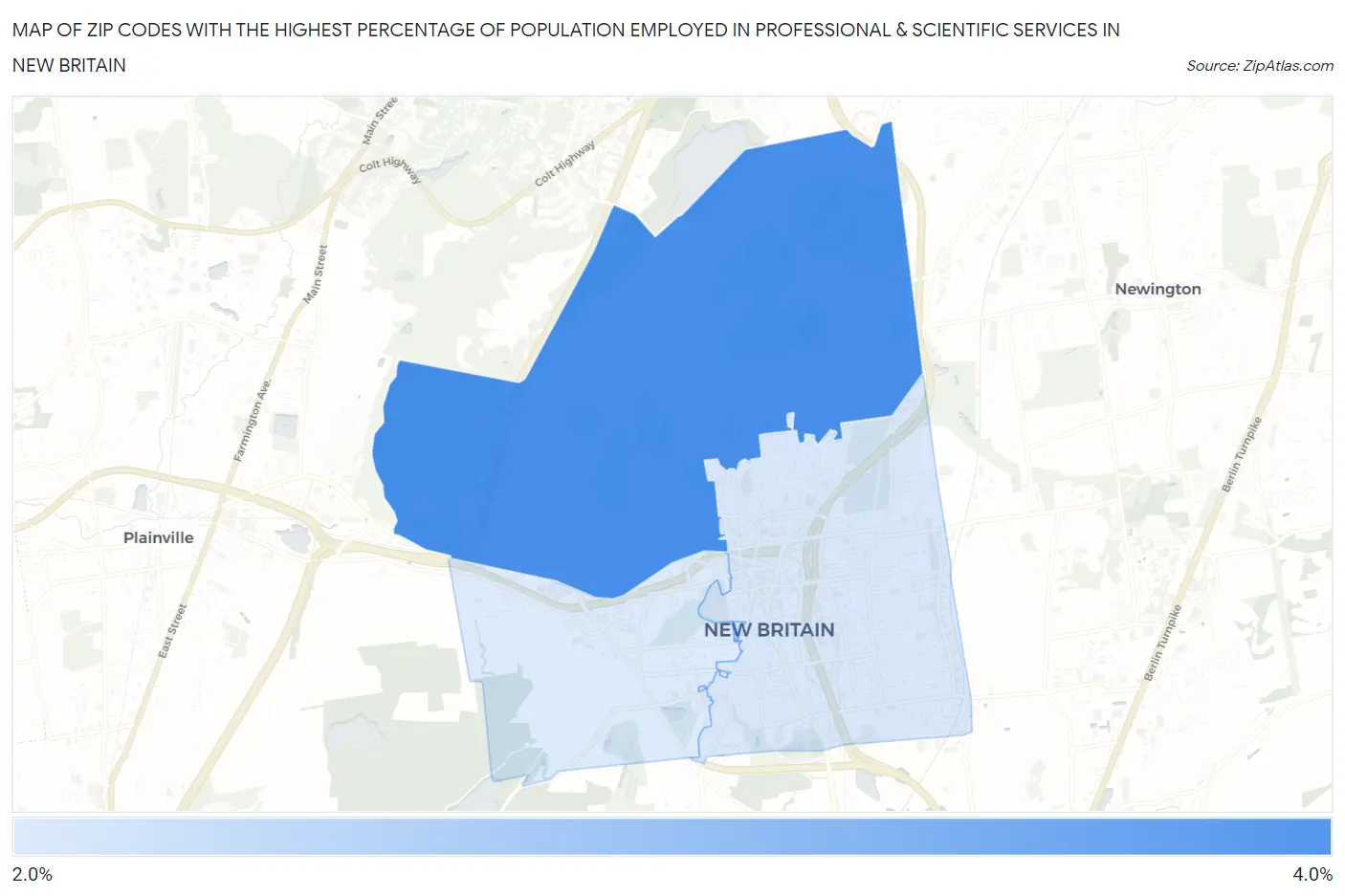 Zip Codes with the Highest Percentage of Population Employed in Professional & Scientific Services in New Britain Map