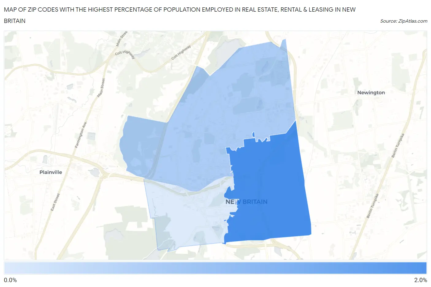 Zip Codes with the Highest Percentage of Population Employed in Real Estate, Rental & Leasing in New Britain Map
