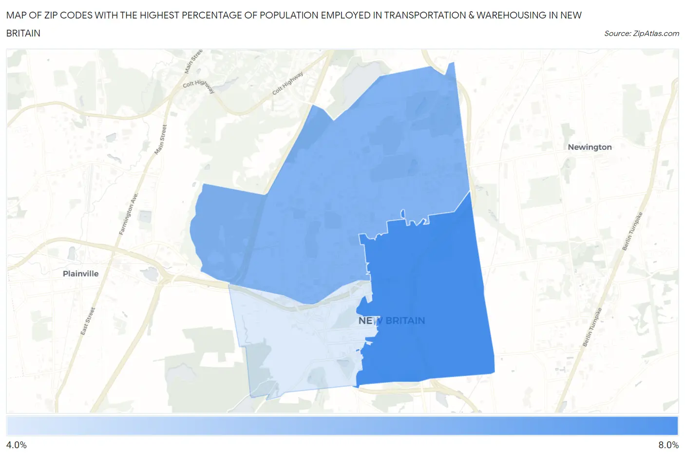 Zip Codes with the Highest Percentage of Population Employed in Transportation & Warehousing in New Britain Map