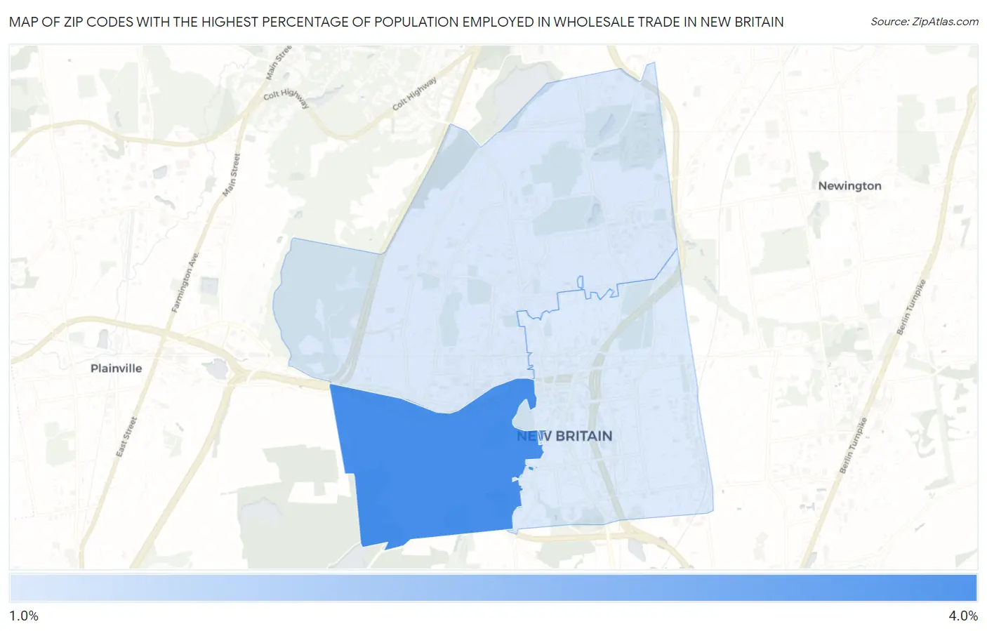 Zip Codes with the Highest Percentage of Population Employed in Wholesale Trade in New Britain Map