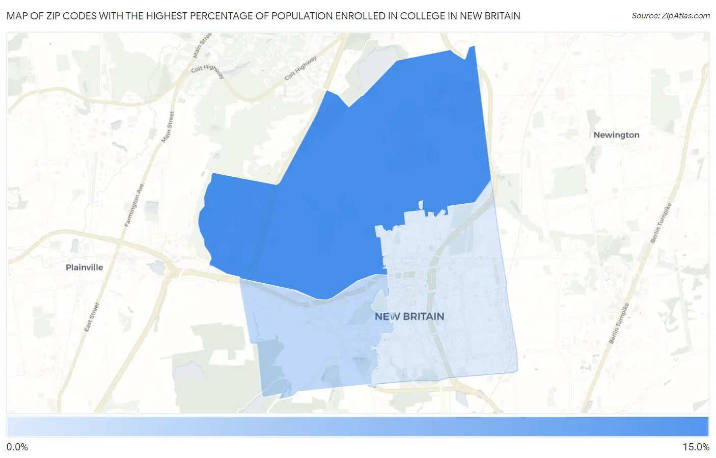 Zip Codes with the Highest Percentage of Population Enrolled in College in New Britain Map