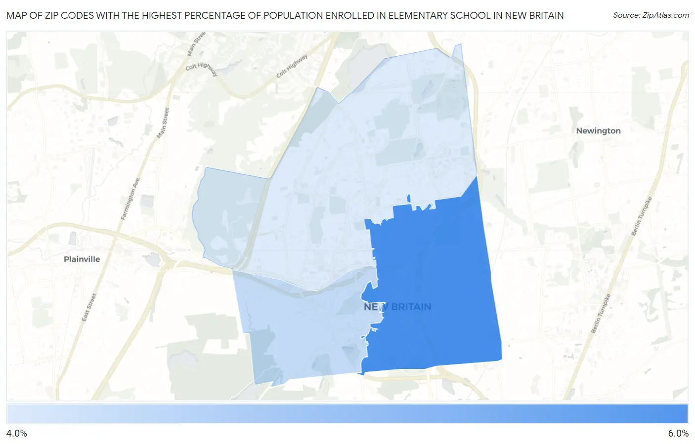 Zip Codes with the Highest Percentage of Population Enrolled in Elementary School in New Britain Map