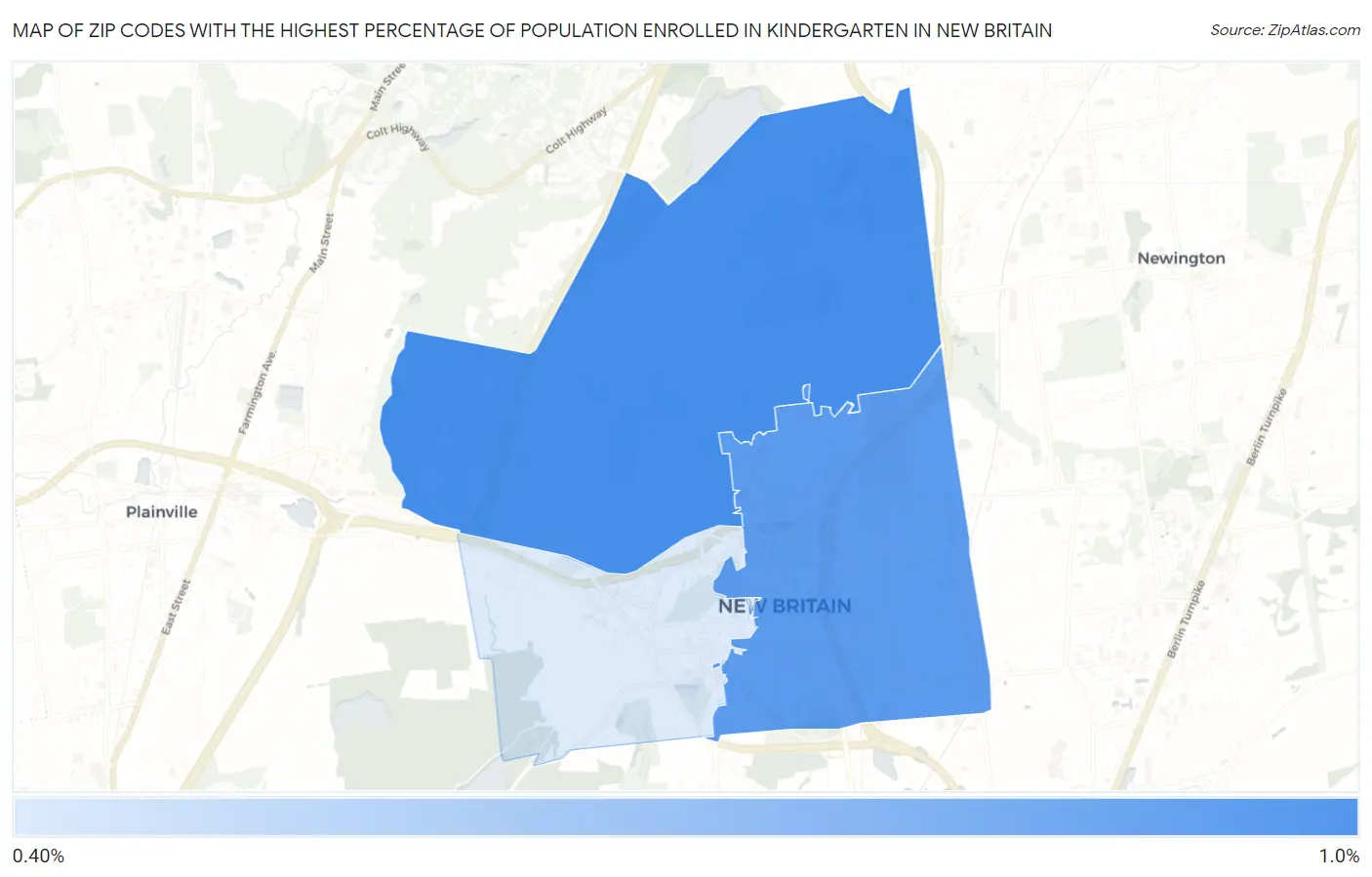 Zip Codes with the Highest Percentage of Population Enrolled in Kindergarten in New Britain Map