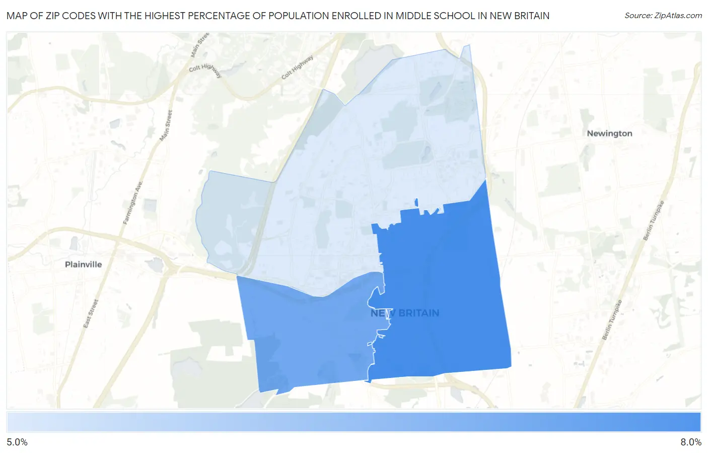 Zip Codes with the Highest Percentage of Population Enrolled in Middle School in New Britain Map