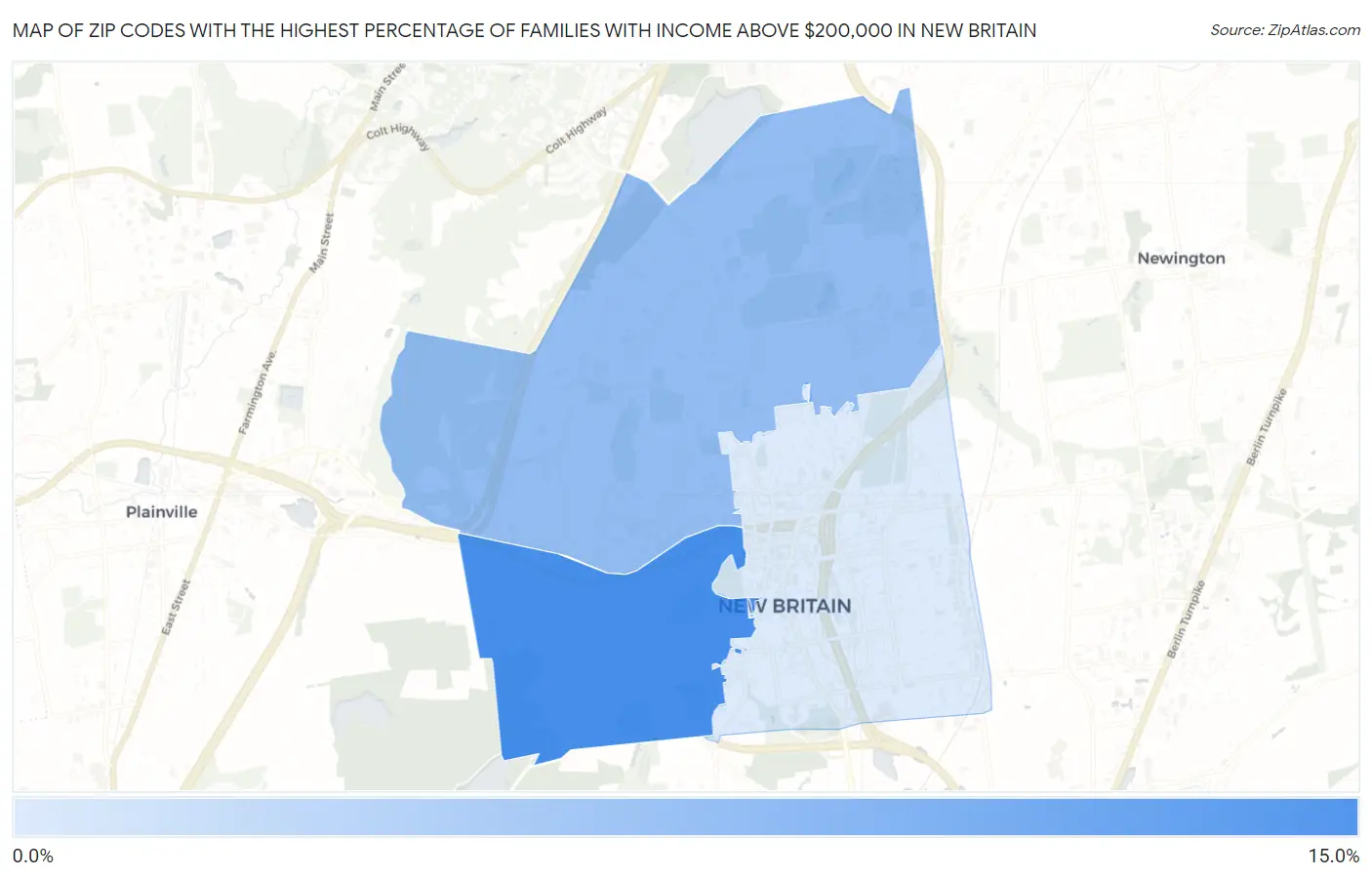 Zip Codes with the Highest Percentage of Families with Income Above $200,000 in New Britain Map