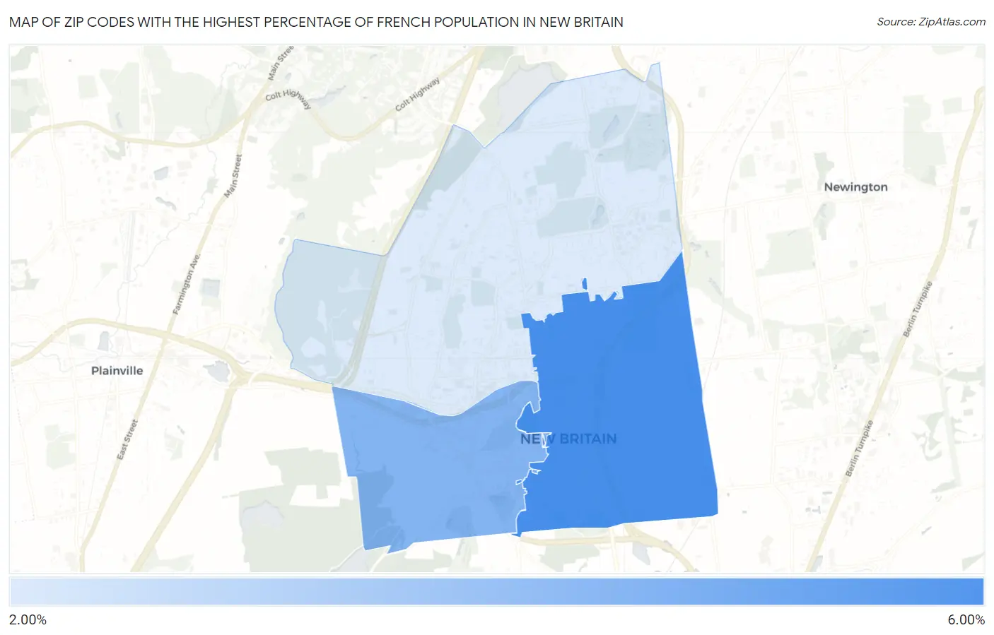 Zip Codes with the Highest Percentage of French Population in New Britain Map