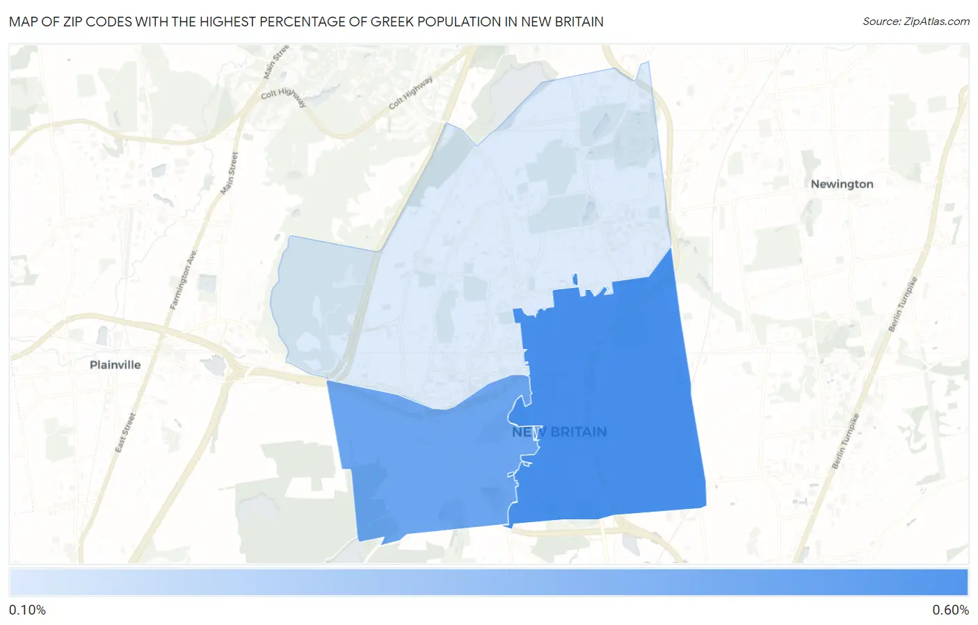 Zip Codes with the Highest Percentage of Greek Population in New Britain Map