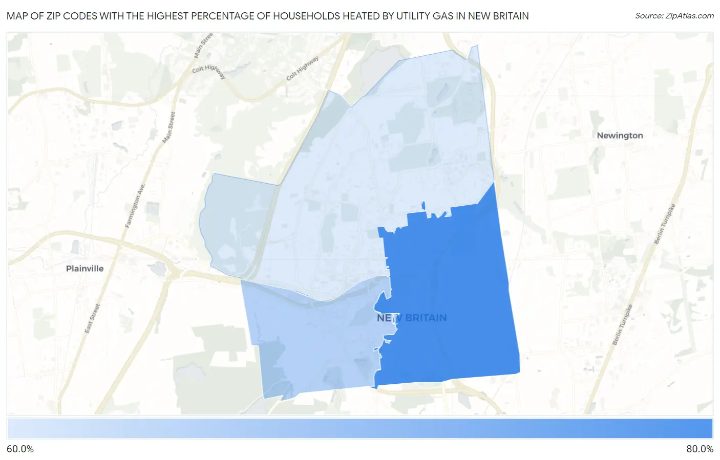 Zip Codes with the Highest Percentage of Households Heated by Utility Gas in New Britain Map