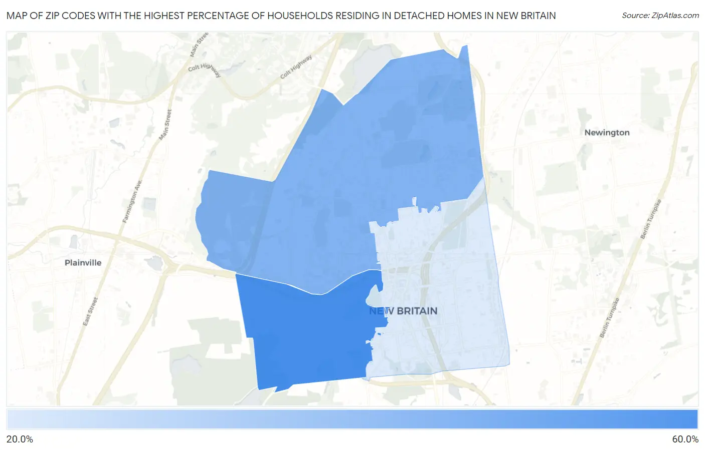 Zip Codes with the Highest Percentage of Households Residing in Detached Homes in New Britain Map