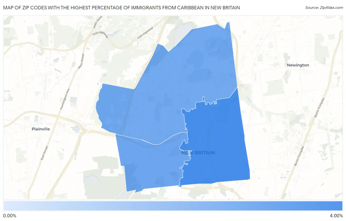 Zip Codes with the Highest Percentage of Immigrants from Caribbean in New Britain Map