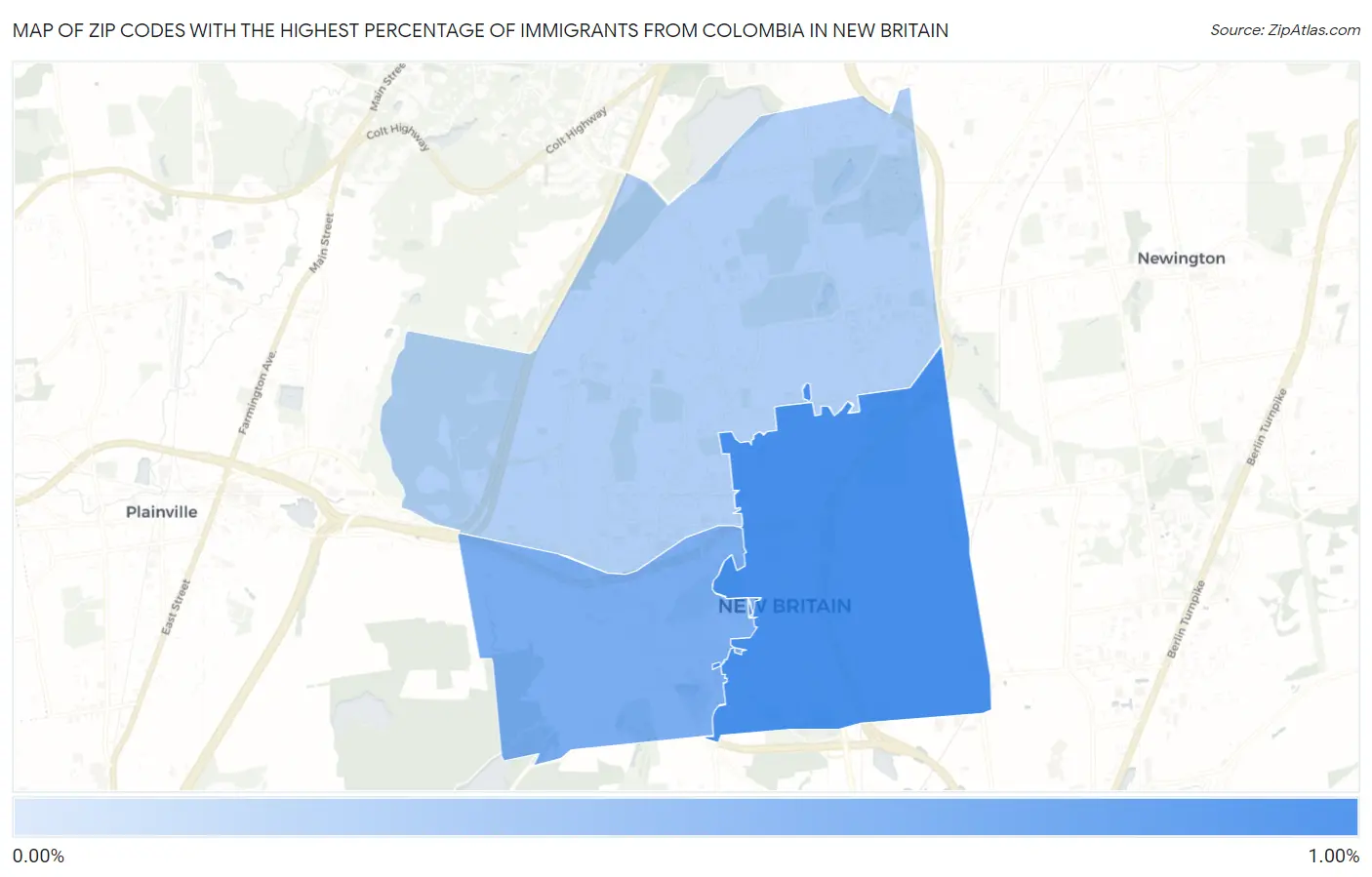 Zip Codes with the Highest Percentage of Immigrants from Colombia in New Britain Map