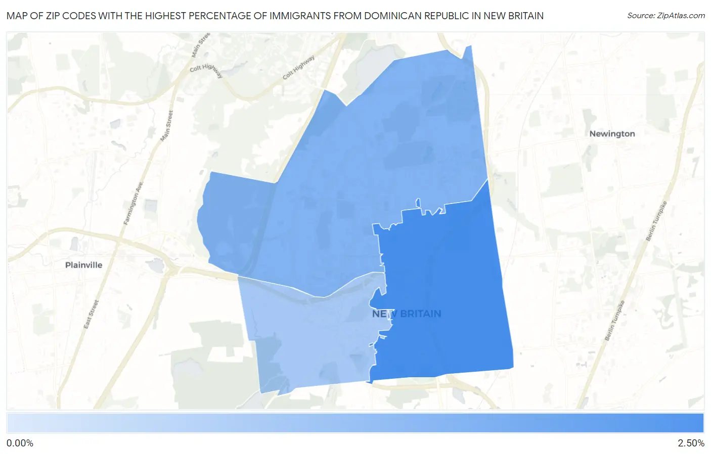 Zip Codes with the Highest Percentage of Immigrants from Dominican Republic in New Britain Map