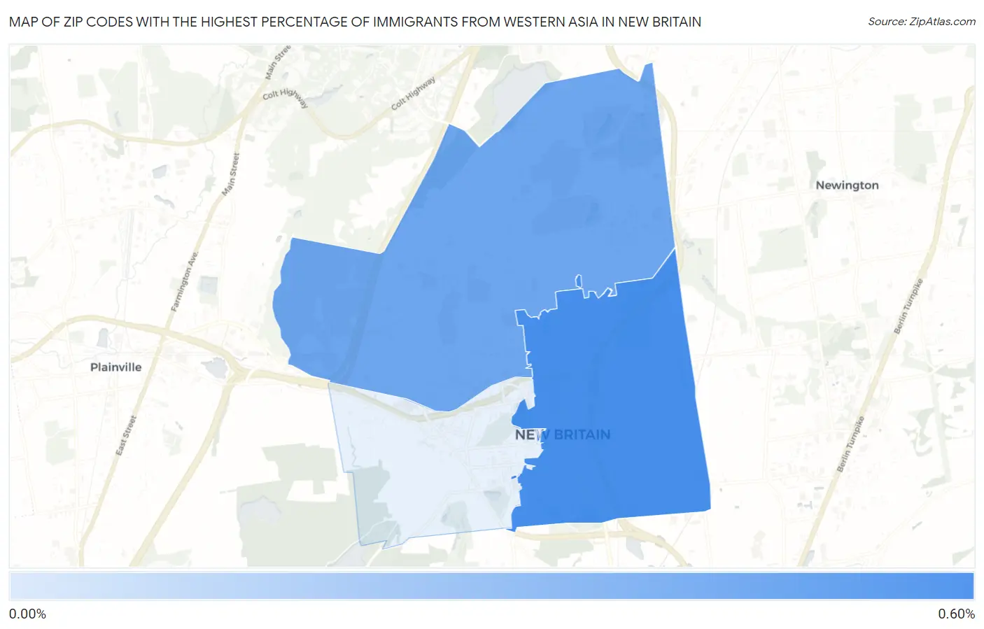 Zip Codes with the Highest Percentage of Immigrants from Western Asia in New Britain Map