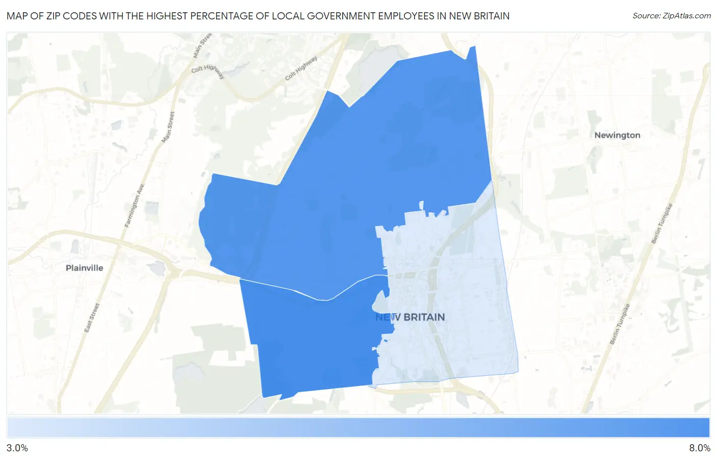 Zip Codes with the Highest Percentage of Local Government Employees in New Britain Map