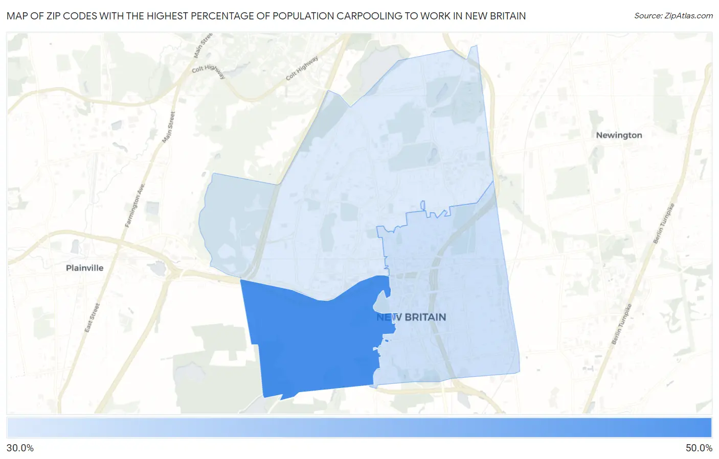Zip Codes with the Highest Percentage of Population Carpooling to Work in New Britain Map