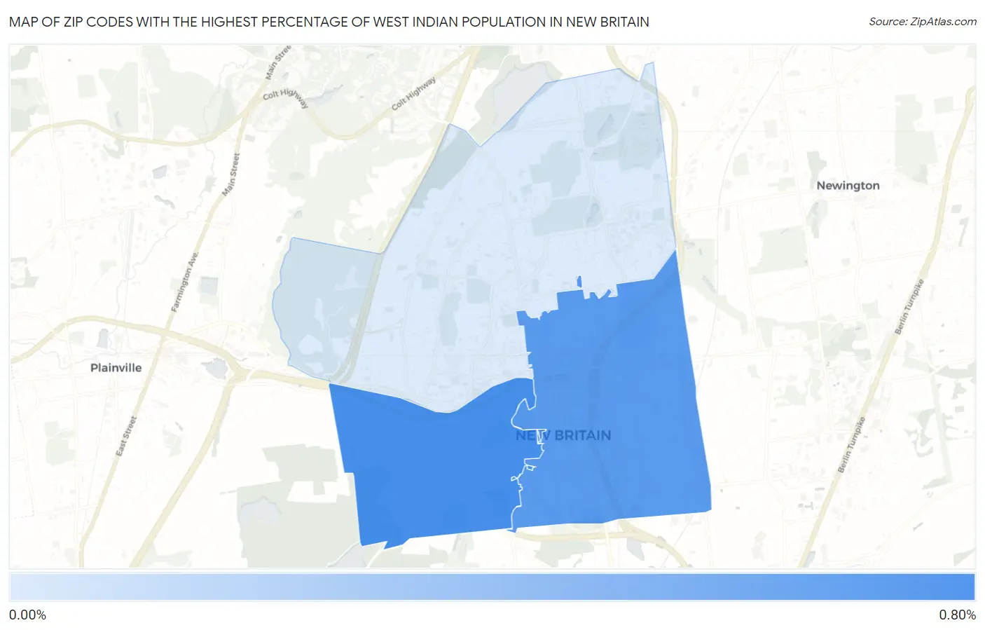 Zip Codes with the Highest Percentage of West Indian Population in New Britain Map