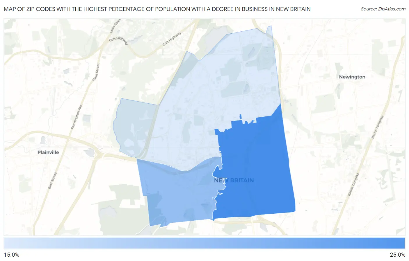 Zip Codes with the Highest Percentage of Population with a Degree in Business in New Britain Map