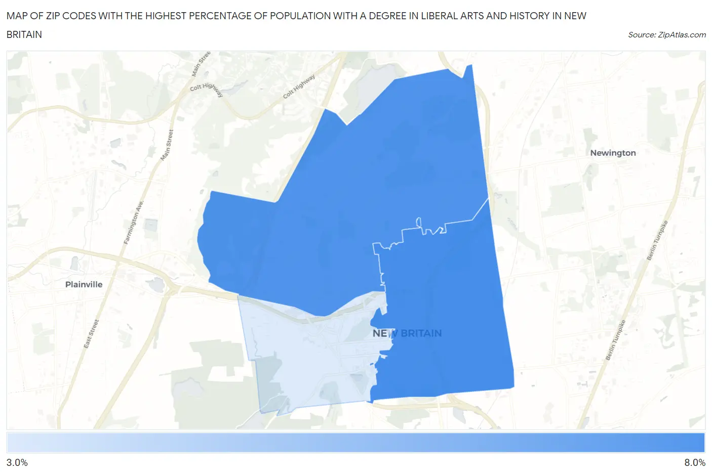 Zip Codes with the Highest Percentage of Population with a Degree in Liberal Arts and History in New Britain Map