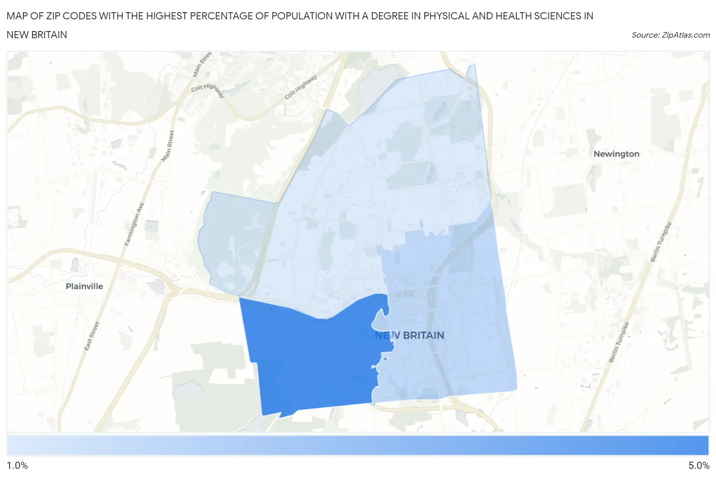 Zip Codes with the Highest Percentage of Population with a Degree in Physical and Health Sciences in New Britain Map