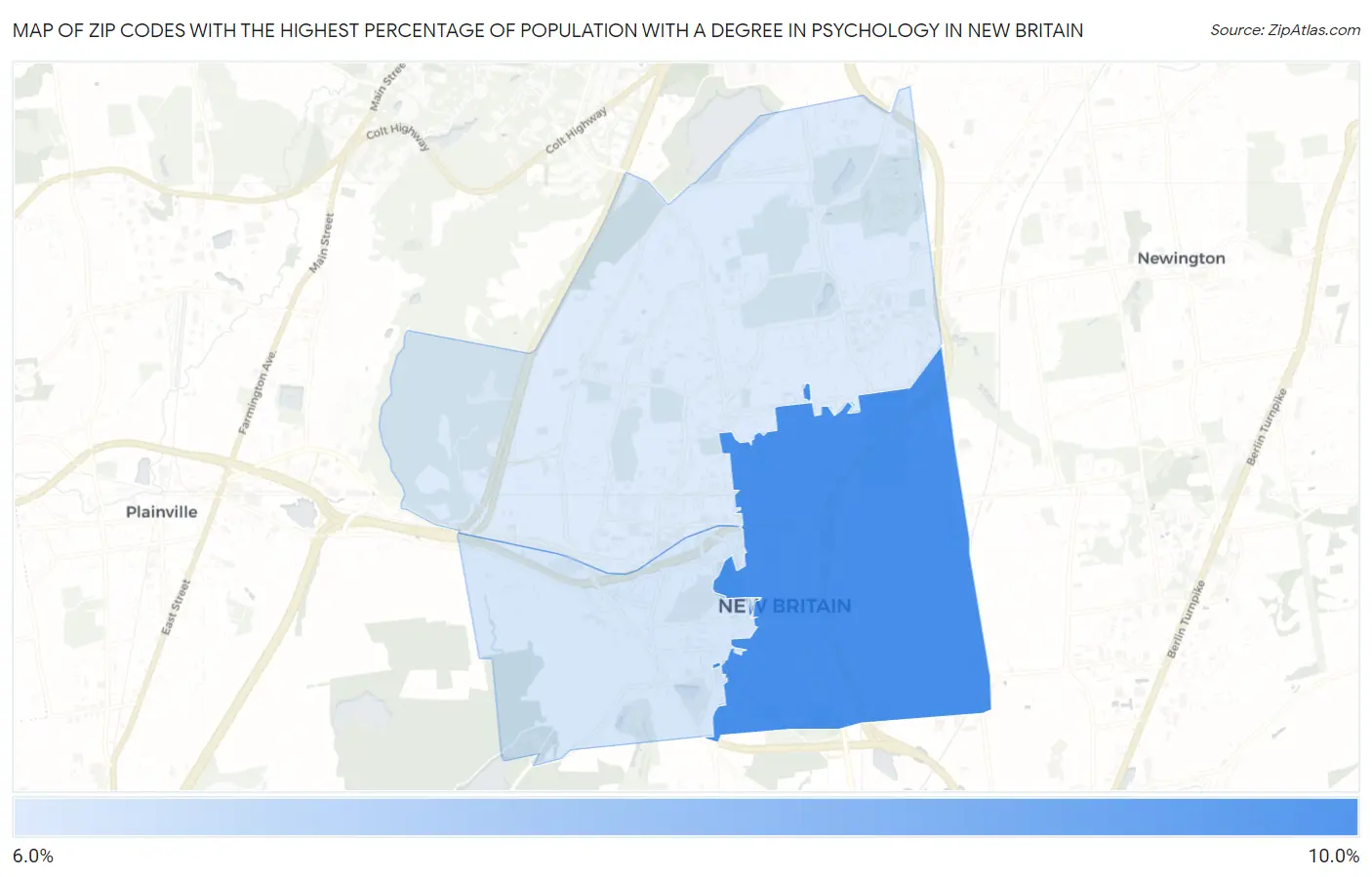 Zip Codes with the Highest Percentage of Population with a Degree in Psychology in New Britain Map