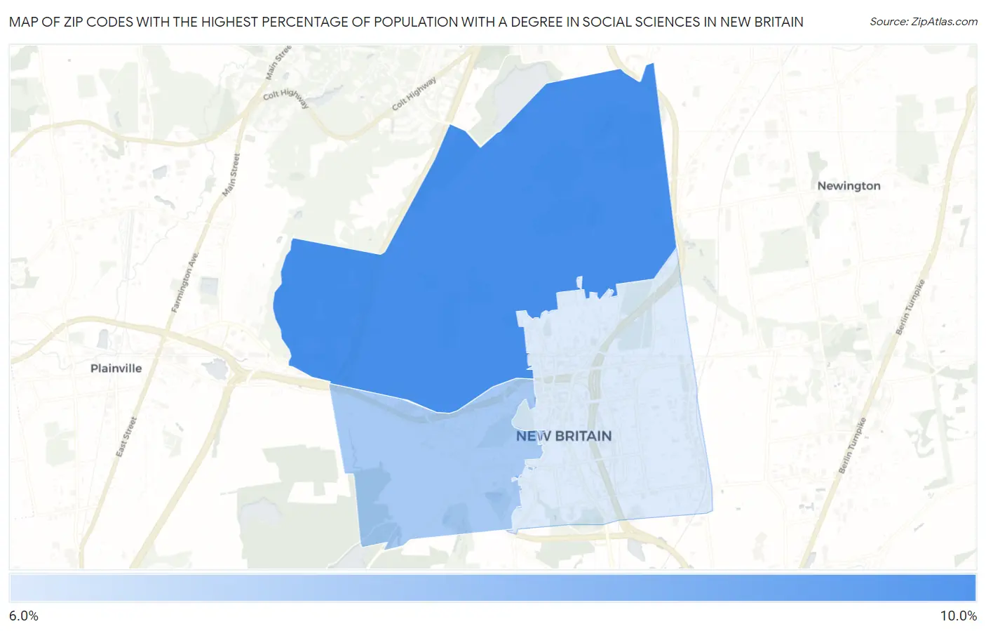 Zip Codes with the Highest Percentage of Population with a Degree in Social Sciences in New Britain Map