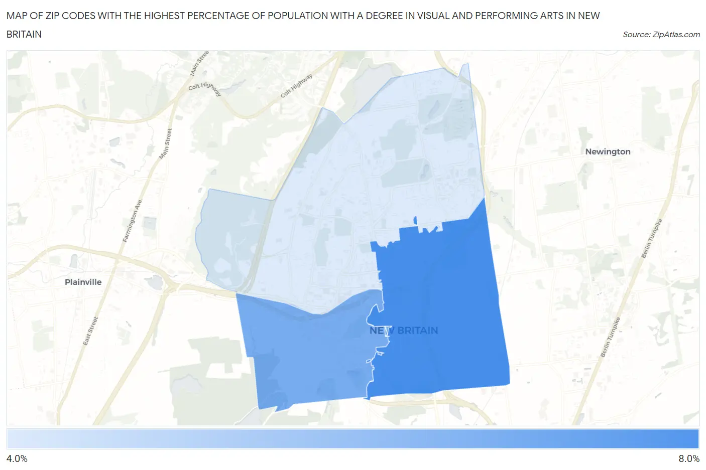 Zip Codes with the Highest Percentage of Population with a Degree in Visual and Performing Arts in New Britain Map