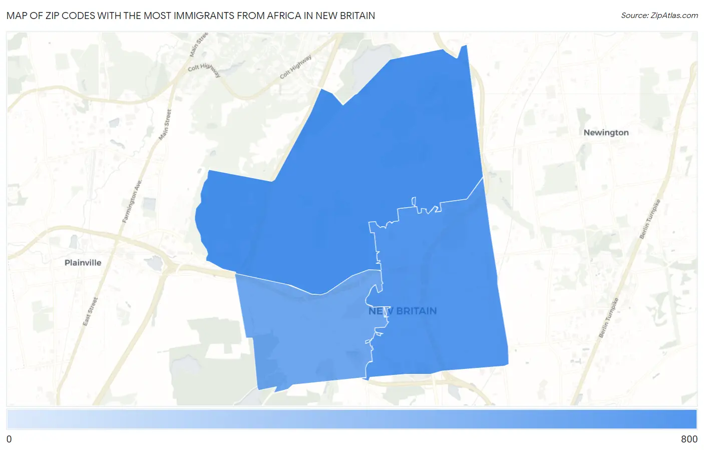 Zip Codes with the Most Immigrants from Africa in New Britain Map