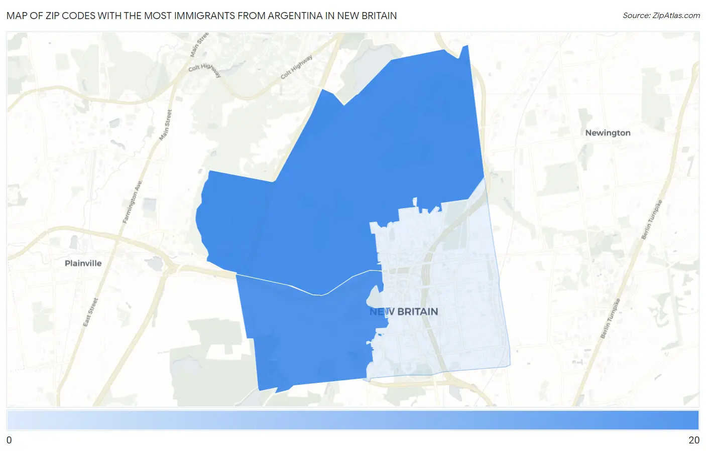 Zip Codes with the Most Immigrants from Argentina in New Britain Map