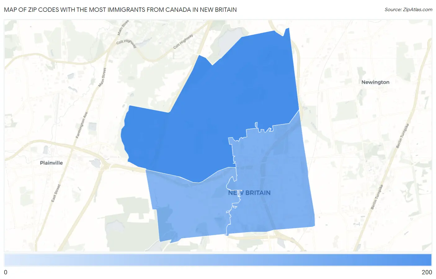Zip Codes with the Most Immigrants from Canada in New Britain Map