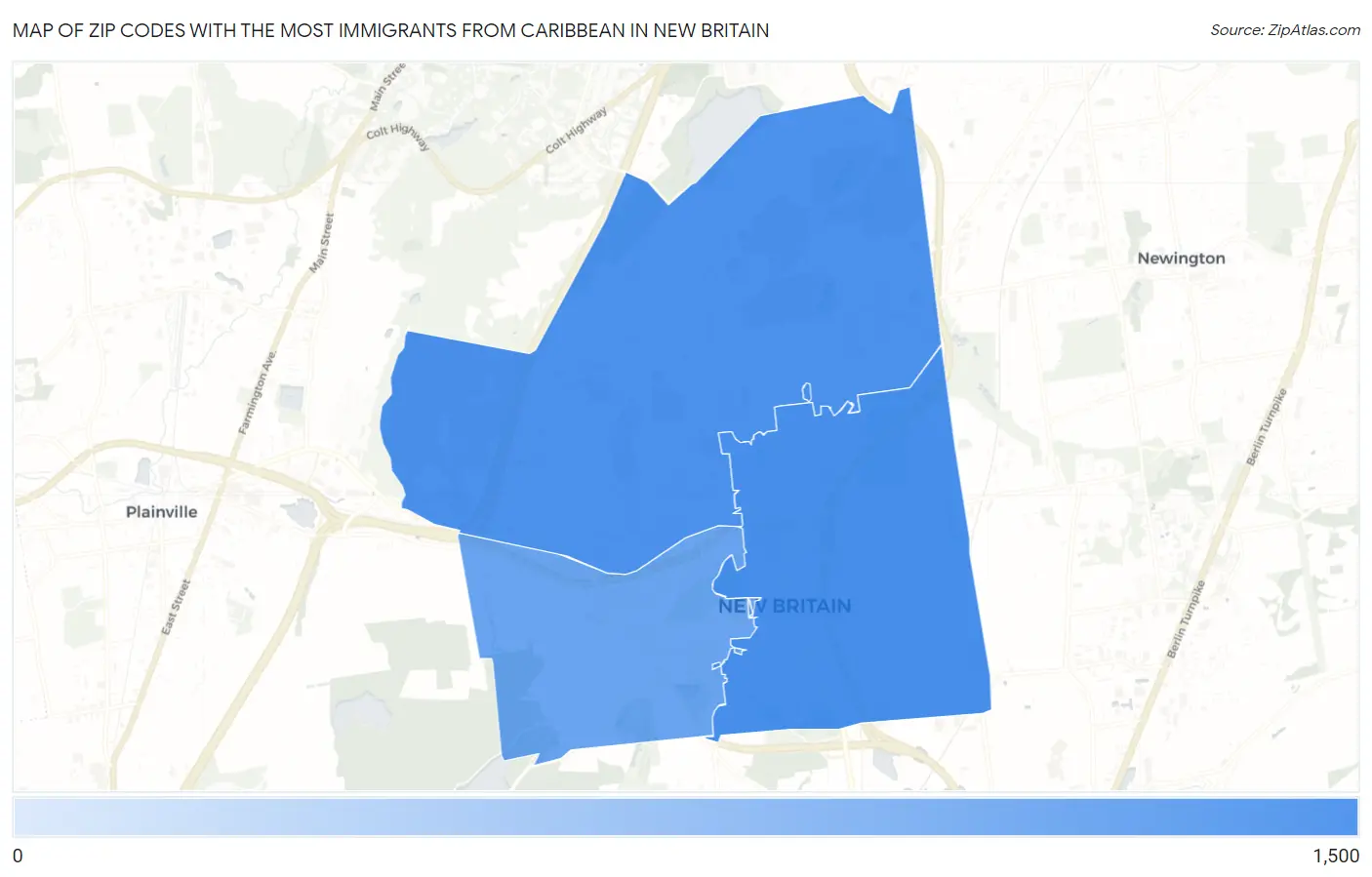 Zip Codes with the Most Immigrants from Caribbean in New Britain Map