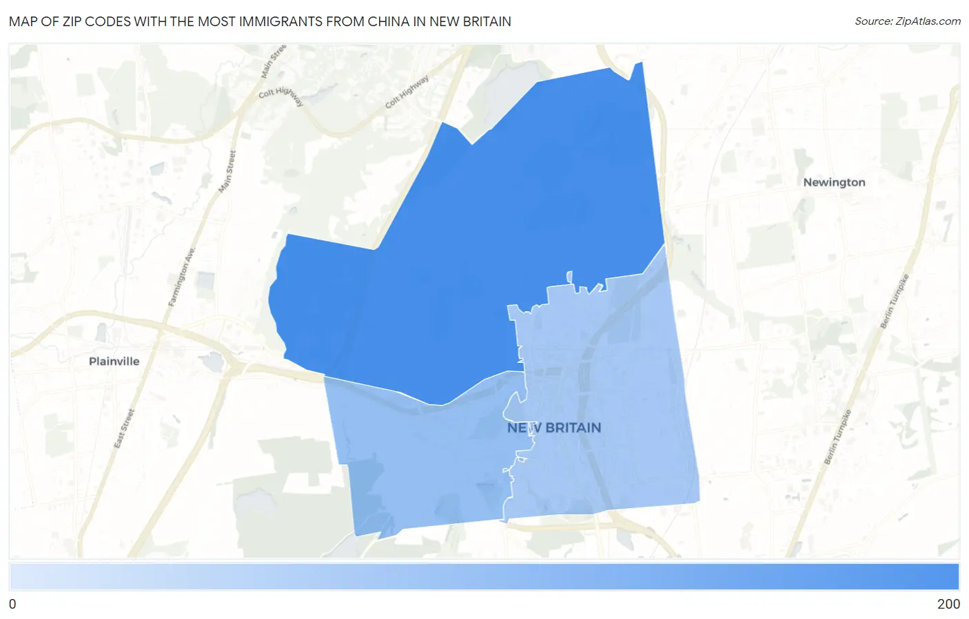 Zip Codes with the Most Immigrants from China in New Britain Map