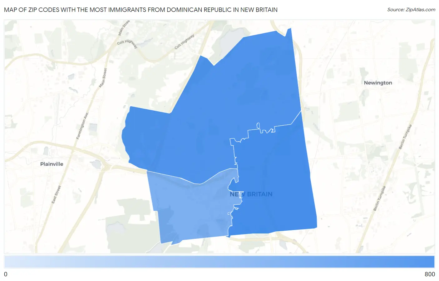 Zip Codes with the Most Immigrants from Dominican Republic in New Britain Map