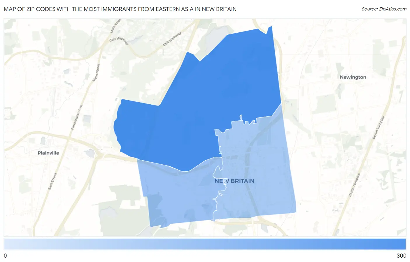Zip Codes with the Most Immigrants from Eastern Asia in New Britain Map