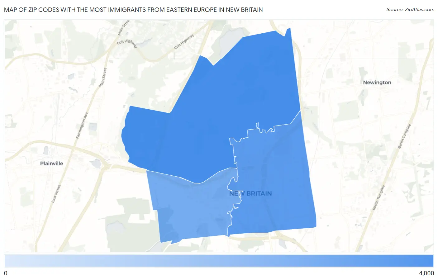 Zip Codes with the Most Immigrants from Eastern Europe in New Britain Map