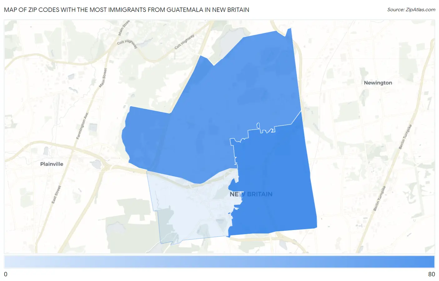 Zip Codes with the Most Immigrants from Guatemala in New Britain Map