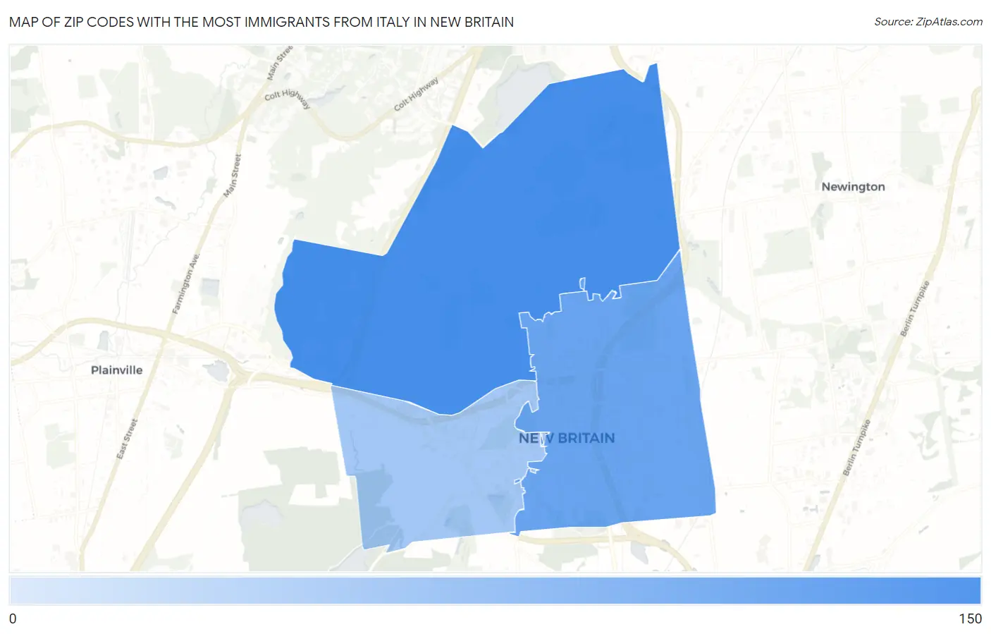 Zip Codes with the Most Immigrants from Italy in New Britain Map