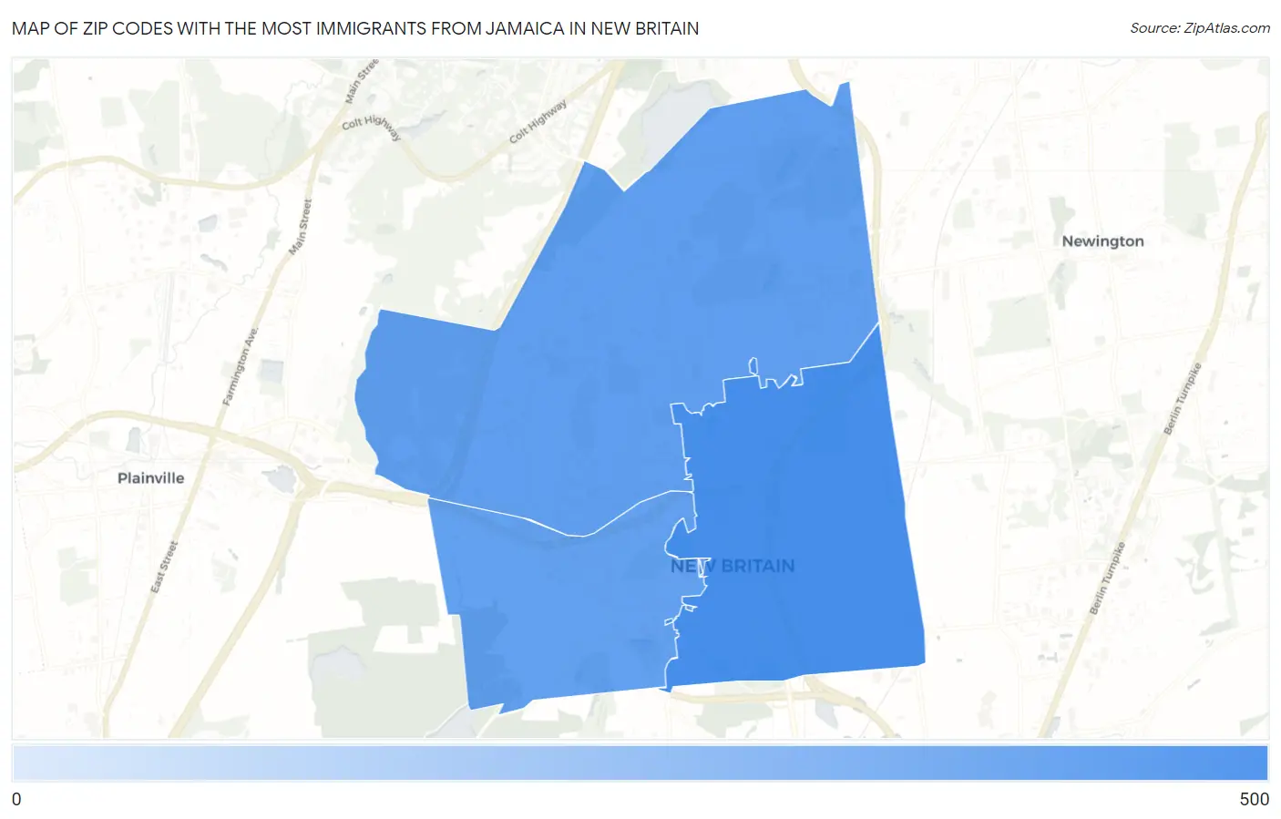 Zip Codes with the Most Immigrants from Jamaica in New Britain Map