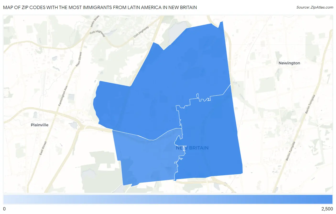 Zip Codes with the Most Immigrants from Latin America in New Britain Map