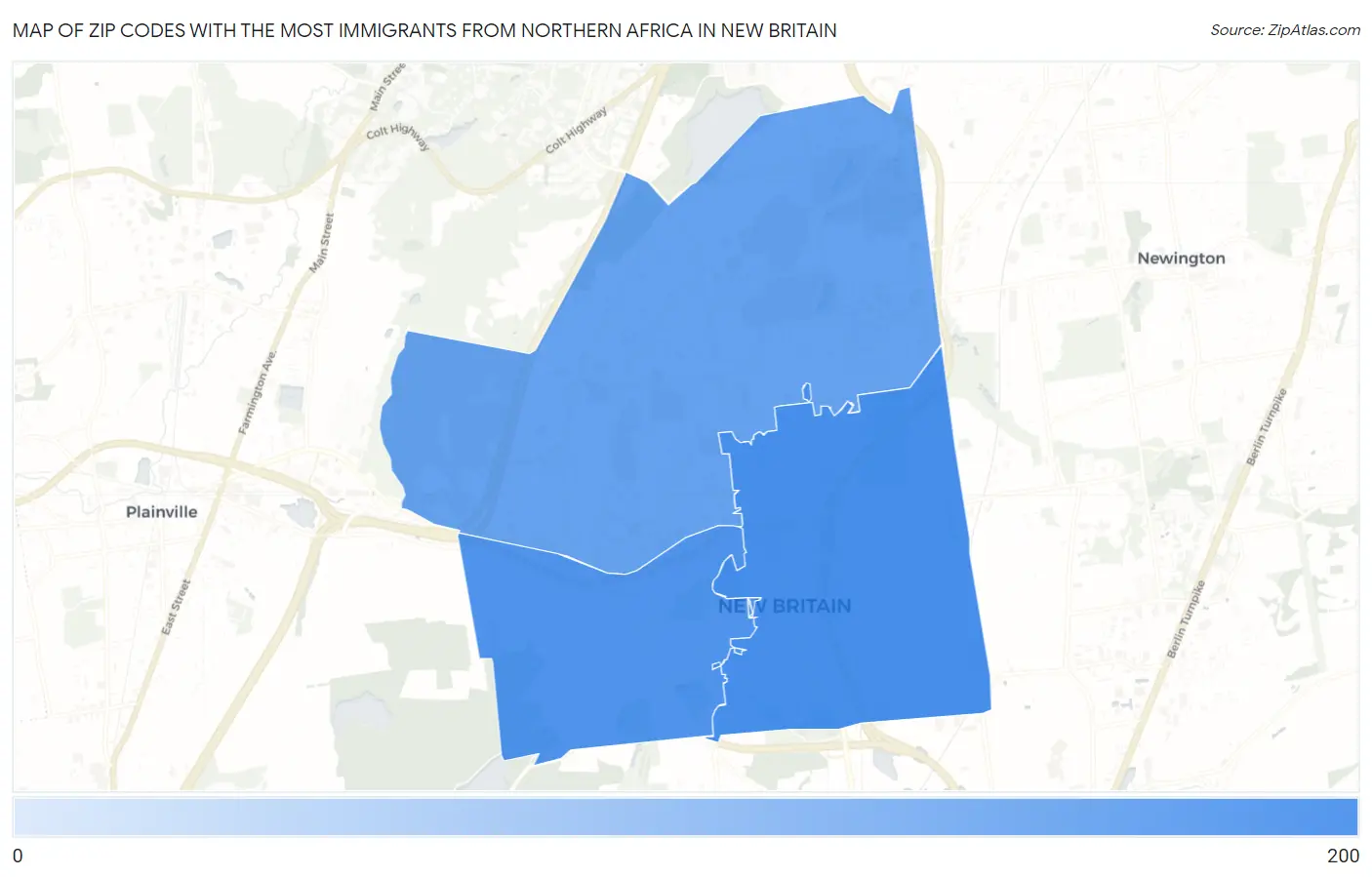 Zip Codes with the Most Immigrants from Northern Africa in New Britain Map