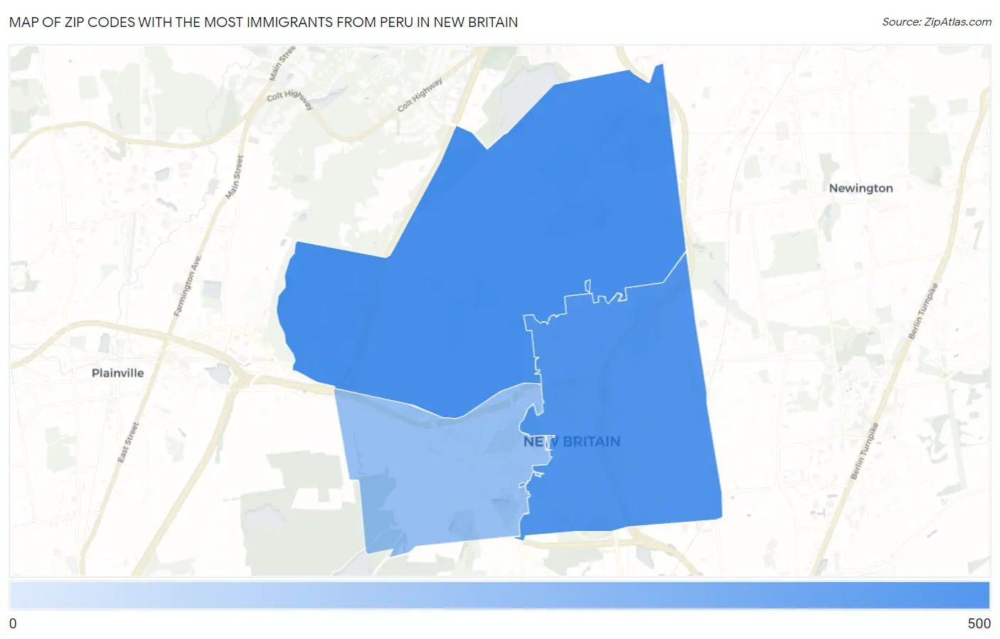 Zip Codes with the Most Immigrants from Peru in New Britain Map