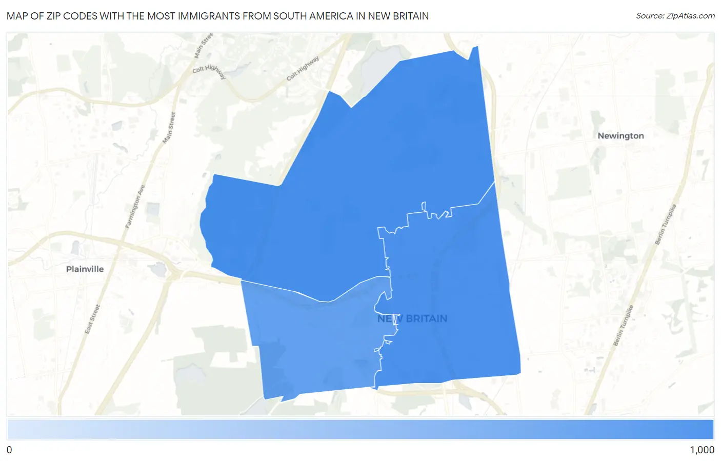 Zip Codes with the Most Immigrants from South America in New Britain Map